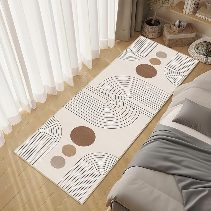 Boho Runner Rug 2x6 Modern Geometric Abstract Rug for Hallway Kitchen Bedroom Neutral Beige Mid Century Modern Runner Machine Washable Non-Slip Printed Low-Pile Long Floor Carpet for Bathroom Laundry