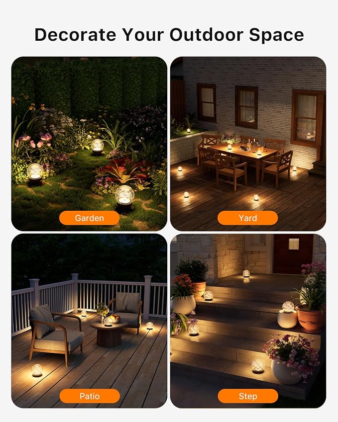 4 Pack Warm White Solar Powered Cracked Glass Globe Lights Outdoor | Waterproof Decorative Table Ball Lamp, for Outside Garden, Patio, Yard, Deck, Pathway, Flower Bed Decoration, Easy to Install