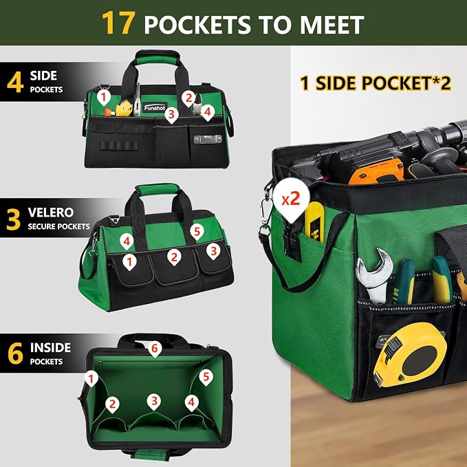 18 Inch Heavy Duty Tool Bag, Large Tool Organizer with 17 Pockets, Wide Mouth Tool Tote with Adjustable Shoulder Strap, Portable Storage Bag for Electricians, Mechanics, Contractors, DIY & Home Repair