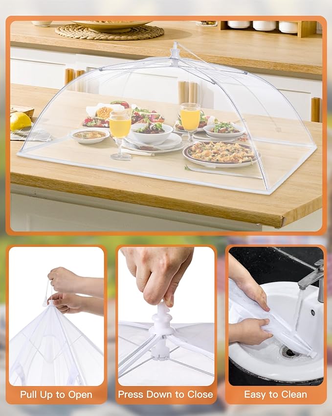 Anpro Food Covers for Outdoors - 1 Extra Large (40"x25") + 4 Large (17"x17") Pop-Up Mesh Food Tents, Collapsible Reusable Bug-Proof Nets for Picnics, BBQs & Camping, Stainless Steel Frame