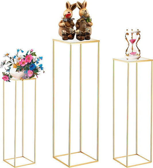 3PCS Cylinder Pedestal Stands for Parties, Square Gold Metal Plant Cylinder Stands for Party Flowers, Display Columns Pedestal Stand Cylinder Tables for Vases Birthday Party Decorations