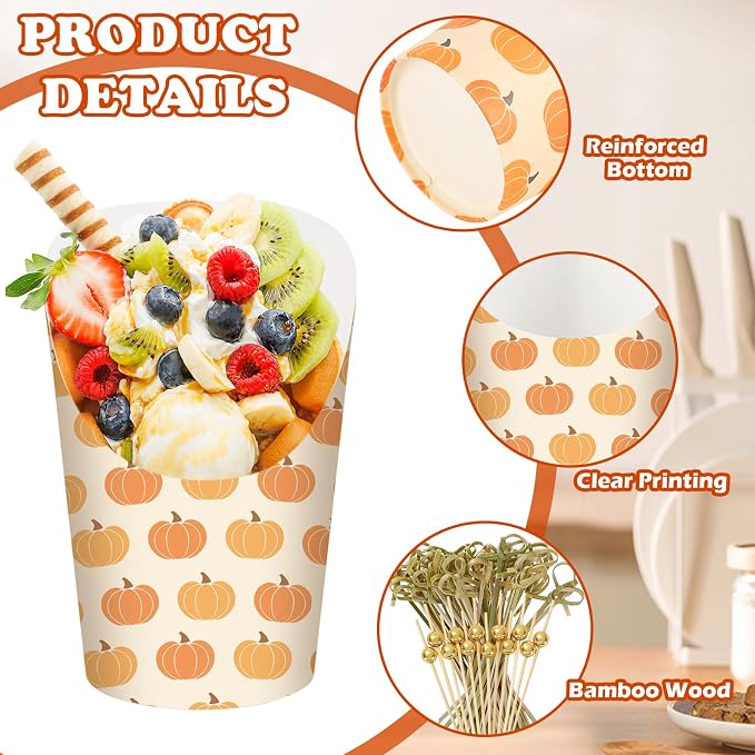 FYSUIMU 50Pcs Fall Thanksgiving Charcuterie Paper Cups with Sticks Bags Twist Ties 14oz Pumpkin Disposable Appetizer Cups French Fry Holder for Autumn Harvest Thanksgiving Party Supplies