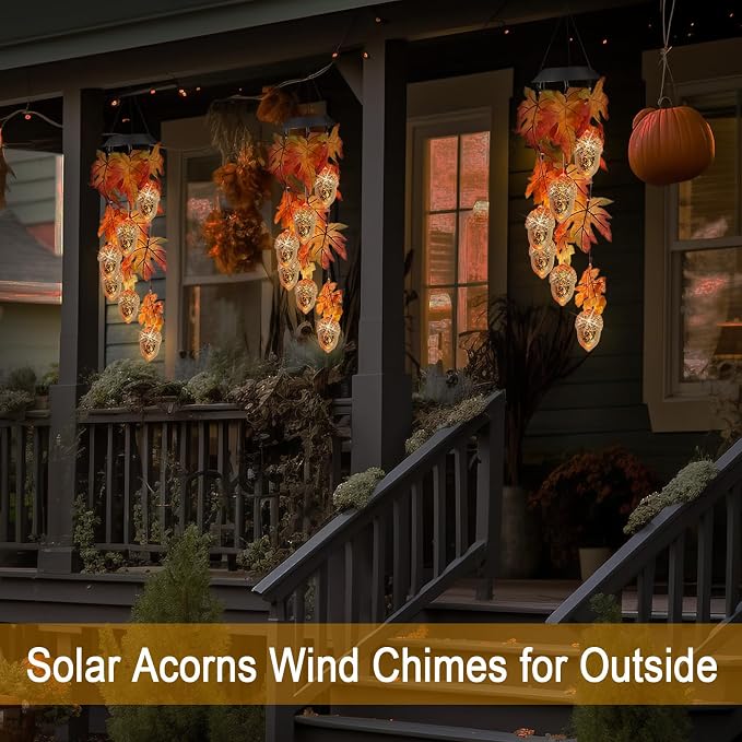 Solar Acorns Wind Chimes for Outside,Oak Leaves Danglers Mobile Lights,Outdoor Hanging Fall Decor for Garden Patio Yard,Thanksgiving Birthday Gifts for Women