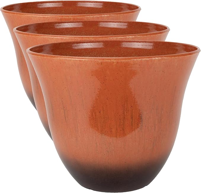 Classic Home & Garden Resin Flower Pot Planter, 13" | Orange Ember | Pack of 3 | Honeysuckle Design