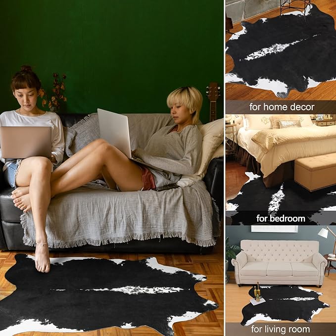 AROGAN Faux Cowhide Rug, Black Cow Print Small Animal Area Rug, 3.6x2.3 Ft | Premium Cow Hide Carpet, Western Rug for Bedroom Living Room Decor, Durable Faux Cow Skin Cowhide Area Rug