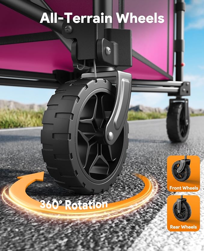 3 in 1 Collapsible Wagon Converts to Bench, 220lbs Foldable Wagon Cart with Wheels, 120L Shopping Cart for Groceries Folding Utility Wagon for Beach, Garden, Camping, Sport, Wheelbarrows, Pink