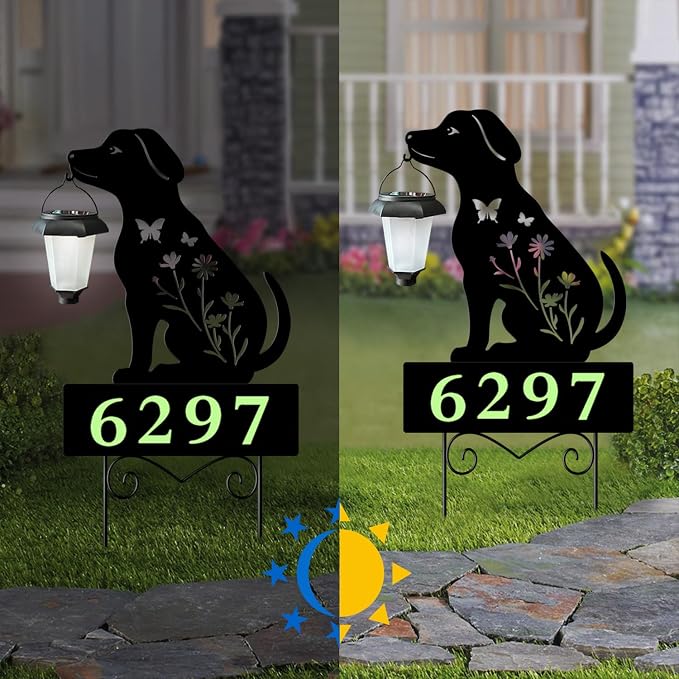 Dog Decorative Garden Stakes Yard Sign -Number with Glow in the Dark be Suited to Garden, Lawn, Outdoor Decor Dogs Holding Solar Lantern Decor Stakes