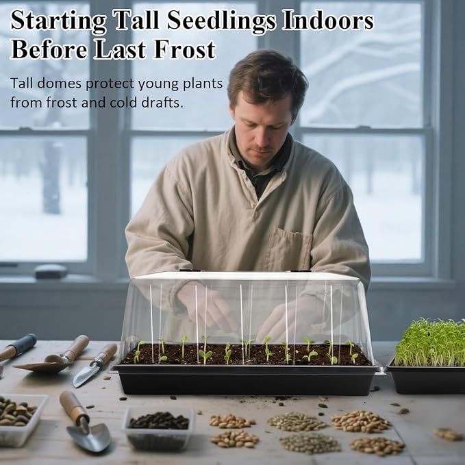 1020 Trays with Tall 7.3" Dome, 10-Pack Extra Large Seed Starter Tray with Humidity Domes, Heavy Duty 1020 Seed Trays and Flats with Lid, Seed Germination Mini Greenhouse No Hole for Balcony Garden