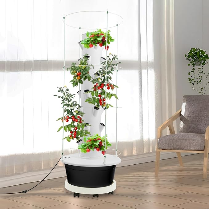 28 Pods Hydroponics Growing System kit, 7-Layer Movable Vertical Hydroponic Tower with Pump Timer Climbing Support Frame Indoor Gardening System for Vegetables Fruits Herb