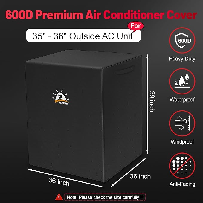 Zettum Air Conditioner Cover for Outside Units 36 Inch - 600D Air Conditioning AC Covers Waterproof, Outdoor Winter Cover for Central AC Condenser, Swamp Cooler, Pool Heater, Heat Pump, HVAC and More