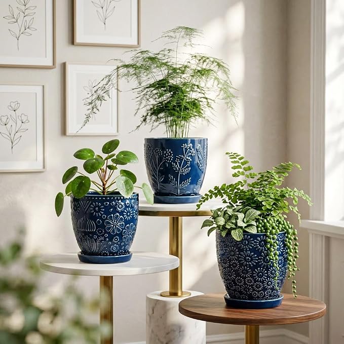 Hollyone Set of 3 Blue Ceramic Planter 6 Inch Flower Plant Pot with Drainage Hole and Saucer for Plants Embossed Indoor Outdoor Garden Embossed Ceramic Glazed Round Pot for Succulent Orchid