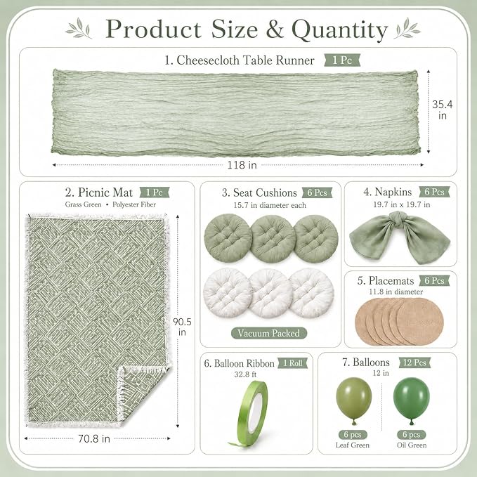 Cinrobiye Boho Picnic Party Set for Outdoor, Aesthetic Picnic Setup with Large Picnic Blanket, Floor Cushions, Table Runner, Napkins, Balloons for Wedding, Bridal Shower, Birthday(Green)