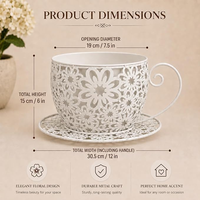12 Inch Antique Metal Teacup Planter for Outdoor Plants Teapot Planter Floral Hollow Out Decorative Rustic Iron Flower Pot for Summer Garden Patio Home Decor (Cream White)