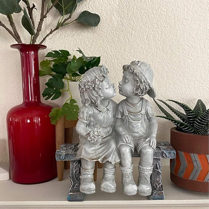 Lily's Home 8.25-Inch First Kiss Statue - Resin Garden Decor for Outside - Outdoor and Garden Decorations - Little Girl and Boy Kissing Yard Miniature Figurine - Small and Exquisite