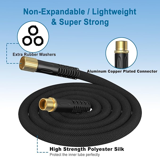 Garden Hose 75ft, Non-Expandable Lightweight & Flexible Water Hose, with 10-Pattern Spray Nozzle, Super Fabric, Leak-Proof 3/4" Solid Brass Alloy Connector Fittings, Durable