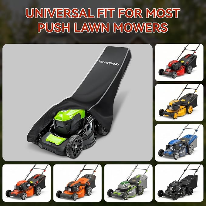 NEVERLAND Push Mower Cover - 800D Waterproof Heavy Duty for Outdoor Storage | Universal Fit Walk-behind Mowers up to 22", UV protection, windproof elastic hem, includes storage bag, protects electronics