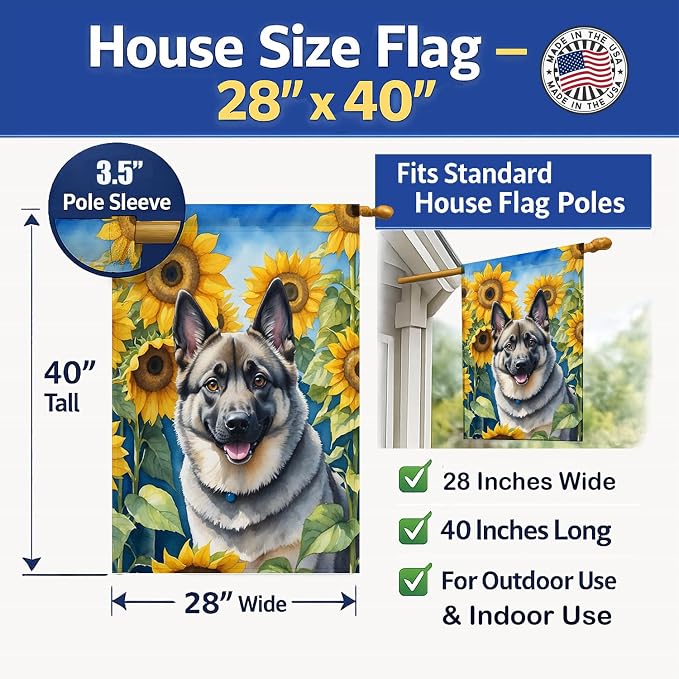 Caroline's Treasures DAC6126CHF Norwegian Elkhound in Sunflowers House Flag Large Porch Sleeve Pole Decorative Outside Yard Banner Artwork Wall Hanging, Polyester, House Size, Multicolor