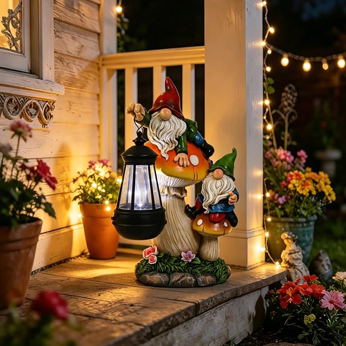 Garden Gnome Statue, Large Funny Gnome Figurine Climbing on Mushroom and Holding a Solar LED Lantern Resin Ornament for Patio Yard Lawn Porch Outdoor Decor
