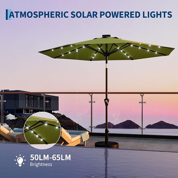 GarveeLife Patio Umbrella with Solar Lights, Outdoor Table Umbrella with 8 Durable Ribs, Tilt & Crank Mechanism, Water & UV Protection Sun Shade Umbrella for Garden, Poolside, Backyard (Green, 9 FT)