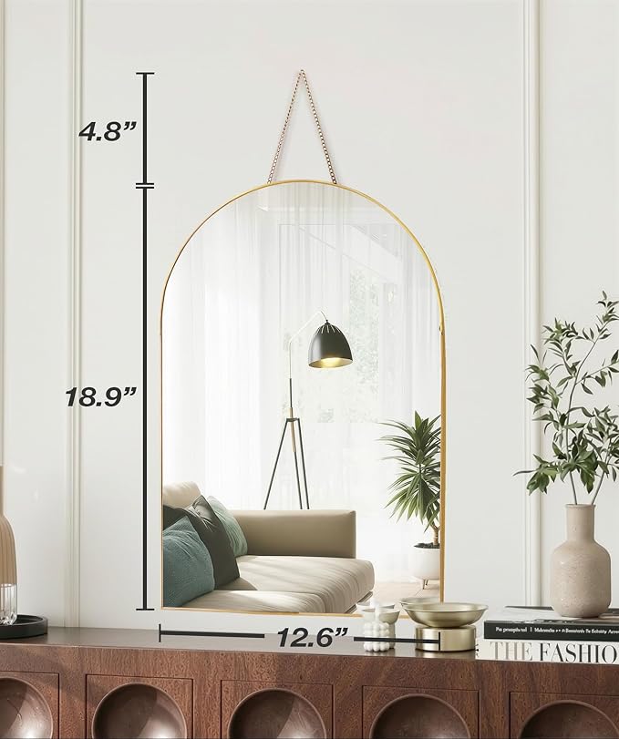 Gold Arched Wall Mirror 13”x19”- Small Vintage Hanging Mirror with Chain, Decorative Brass Mirror for Entryway, Bathroom, Bedroom&Living Room, Antique Gold Wall Mirror