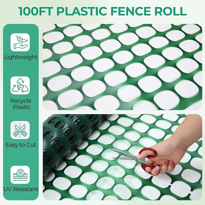 Ohuhu Plastic Garden Fence Safety Fence, 4'x100'/10.7 LB Reusable Netting Plastic Mesh Fence Roll, Temporary Fencing for Animal Barrier Construction Snow Fence Poultry Rabbits Chicken Dogs Deer Green