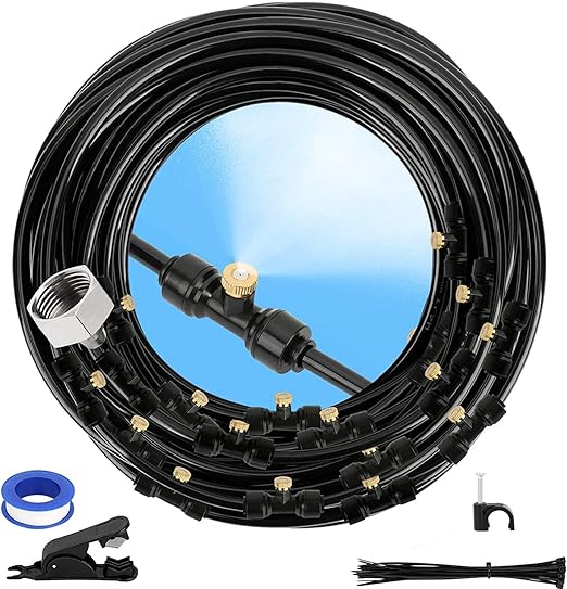 GMAULEE Misting Cooling System, DIY 98.5FT(30M) Misting Line +30 Brass Mist Nozzles+ a Brass Connector(3/4'') Outdoor Mister System for Patio Waterpark Garden Trampoline Greenhouse