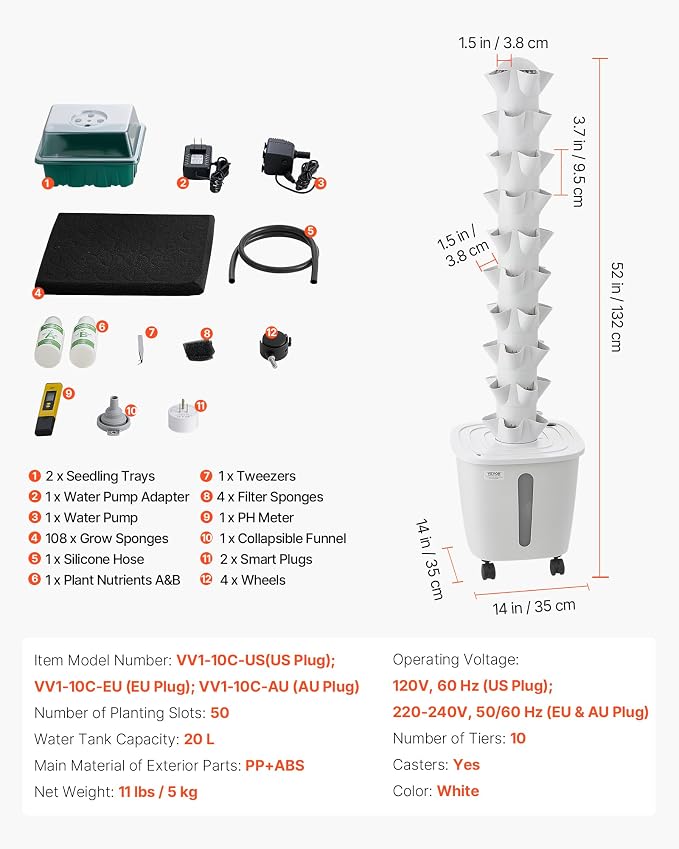 VEVOR Hydroponic Tower, 50 Pods 10 Tiers Hydroponics Growing System Kit with App Control & Casters, Vertical Home Garden with 20L Water Tank & Pump, Planter for Indoor Herbs, Fruits and Vegetables