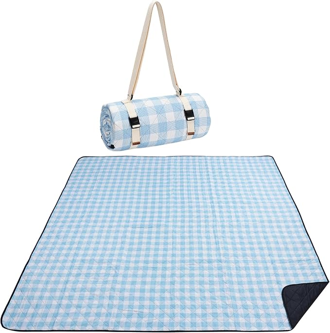 WILLOW WEAVE Picnic Blanket, 80''x80'' Waterproof Outdoor Blankets, Picnic Mat Washable for Beach, Picnic Blankets for Camping on Grass with Shoulder Strap - Blue & White