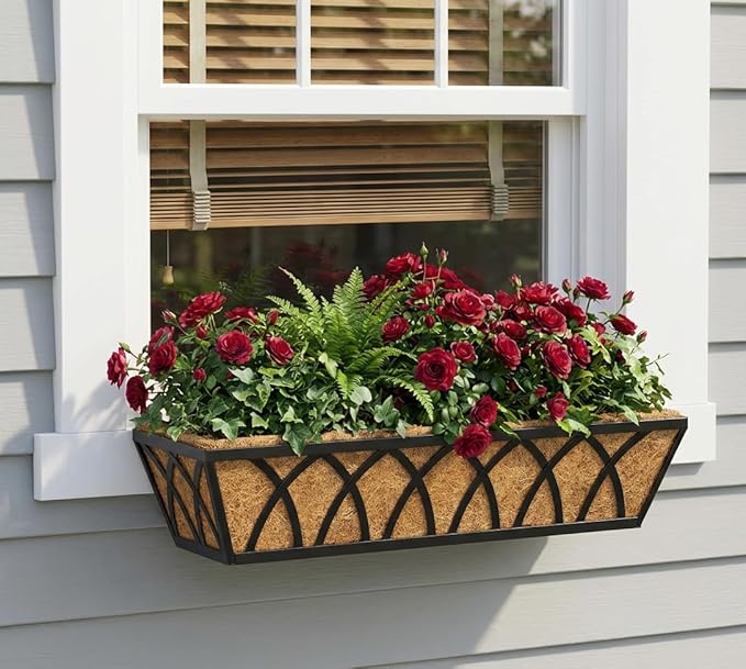 Y&M Hanging Railing Planter Boxes 4 Pack, 24 Inch Adjustable Balcony & Deck Planter, Heavy Duty Metal Flower Box for Porch, Fence & Window, Outdoor Plant Holder