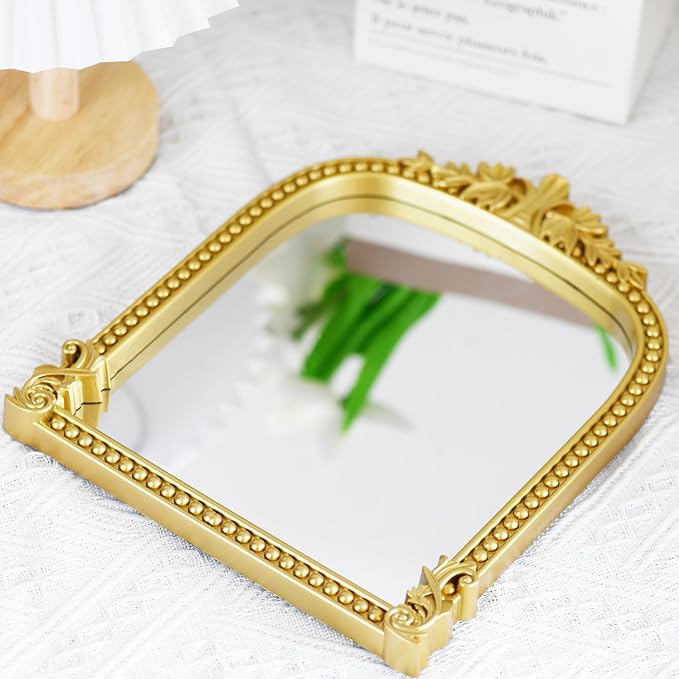 Gold Plastic Arched Makeup Mirror, Standing, Hanging or Wall Mount, Bathroom, Living Room, Bedroom Gold Decorative Mirror (10.6x8.6 inch)