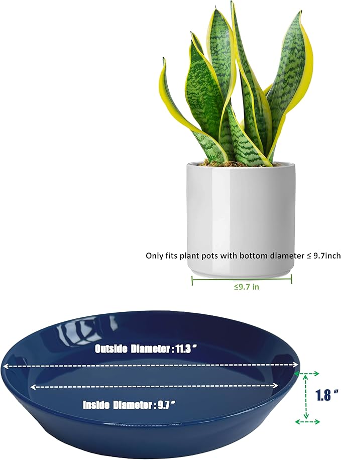Ceramic Plant Saucer Tray 9 10 11 Inch Blue, 11.3" OD x9.7 ID x1.8 Deep| Round Sturdy Heavy Duty Glazed Bevel Planter Drip Flower pots with Catch Basin for Indoor Outdoor Plants