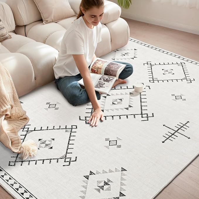 ILANGO Area Rug 5'x7' for Living Room Bedroom Washable Moroccan Boho Rugs for High Traffic Area Non Slip & Non-Shedding Rugs Fade Resistant Carpet for Kitchen Office (White)