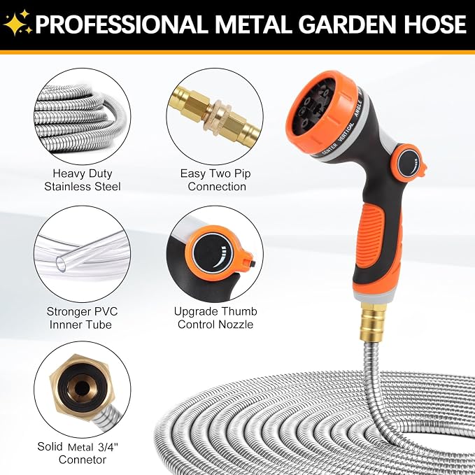 150 ft Garden Hose, Metal Water Hose 100 ft with 10 Function Nozzle & 3/4 Copper Fitting, Heavy Duty & Flexible, Kink Free & Lightweight for Yard, Outdoor, Lawn, Patio & Car