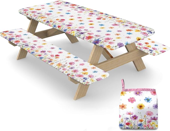 Flowers Picnic Table Cover with Bench Covers Elastic Edges, 3 Pcs Flowers Fitted Table Cover with Drawstring Bag, Waterproof Windproof Aesthetic Camping Tablecloth, Outdoor Camping Essentials 72 Inch