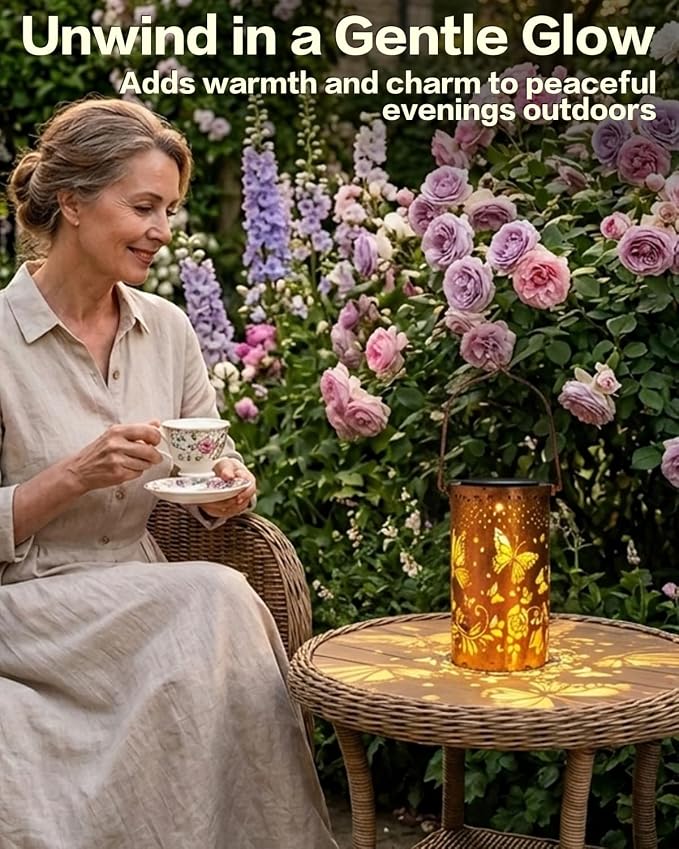 DIBIEECN 2 Pack Butterfly Solar Lanterns Outdoor Waterproof, Garden Decor | Metal Hanging Lights, IP65 Waterproof, LED Decorative Lantern, Patio & Backyard, Birthday Gifts for Women, Mom & Grandma