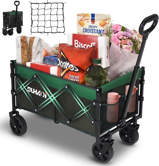 Collapsible Wagon Cart with Wheels Foldable,11 Lbs Lightweight Portable Folding Utility Wagon,90 L Heavy Duty Grocery Shopping Carts,Versatile for Garden Sports Camping Outdoor Use (Army Green)