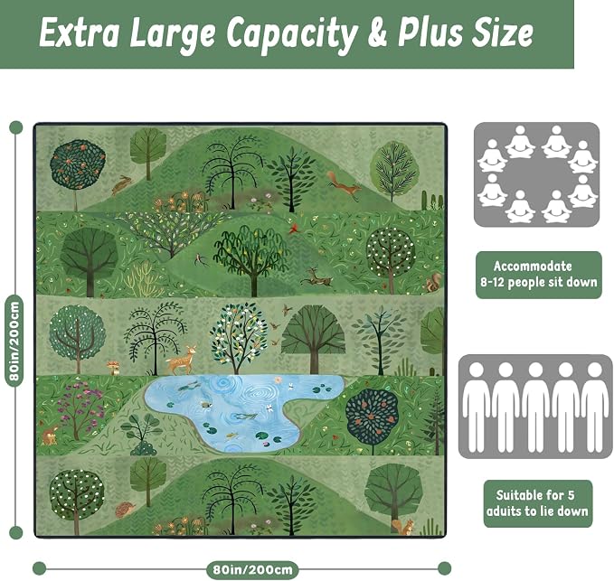 Picnic Blankets Extra Large Waterproof, 80"x 80" Forest Beach Mat with Corner Pockets Windproof Sandproof Foldable Portable 3-Layer Mat Darker for Wet Grass,Parks,Music Festival,Camping,Concerts