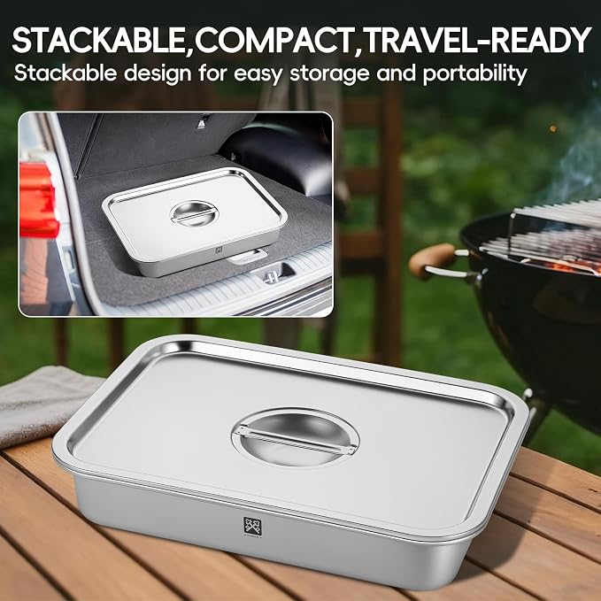GOLDEN KEY Grilling Prep and Serve Tays,Stainless Steel Grill Carry System,Grill Prep Trays Set of 5,Marinade Container with Lid and Cutting Board,Grilling Gifts for Men