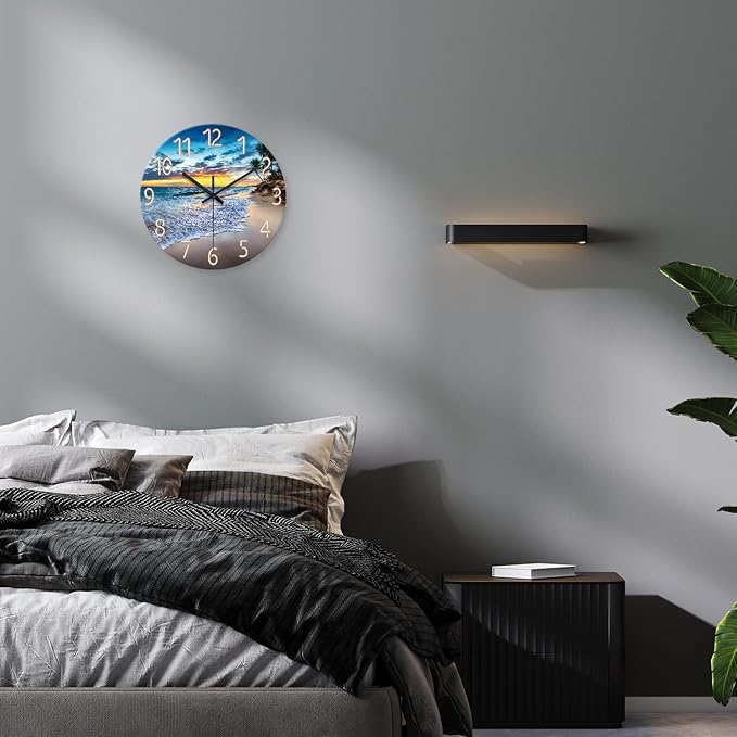 Palm Tree Glass Wall Clocks Battery Operated 12 Inch | Modern Round Blue Coastal Wall Clock Non Ticking Beach Wall Clock for Bedroom Kitchen Bathroom Living Room