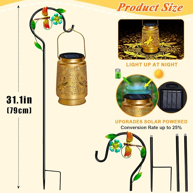 Dragonfly Solar Lanterns Outdoor Waterproof with Shepherd Hook,Hanging Solar Lights Garden Decor,Christmas Decorations Birthday Gifts for Women Grandma,Metal Decorative for Yard,Patio,Lawn,Pathway