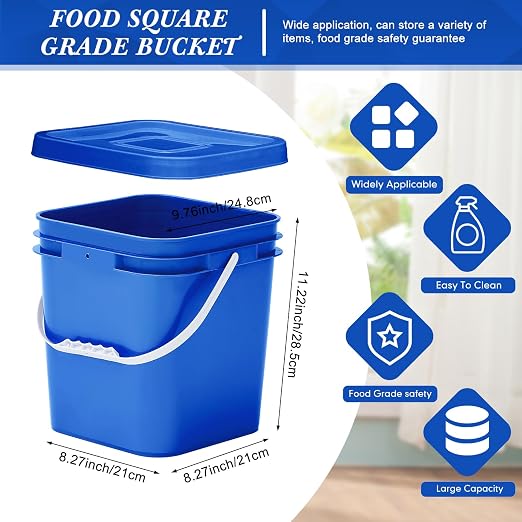 Mumufy 5 Pcs 3.5 Gallon Square Food Grade Bucket with Lid Square Bucket Pail Plastic Handles for Long Term Food Storage, Camping, Fishing, Home Organization Easy Stack and Store (Blue)