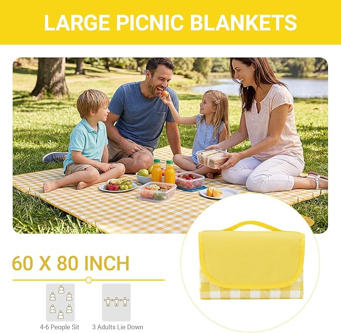 Waterproof Foldable Picnic Blanket Outdoor with Carry Strap,80"X60" Extra Large Beach Blanket Sandproof,Portable Soft Gingham Picnic Mat for Camping Travel Hiking Family Concerts Park(Yellow)