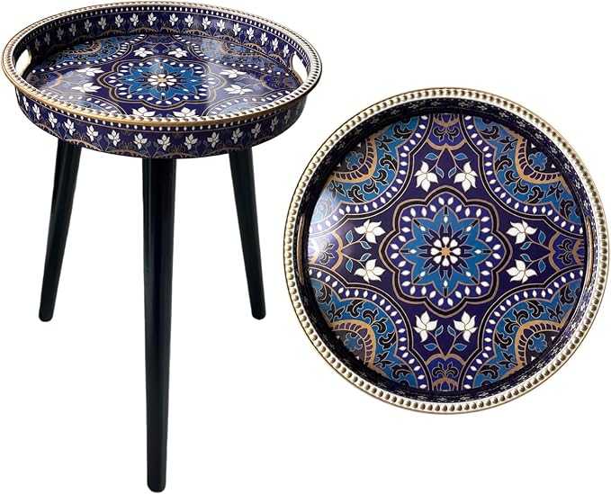 Gesodant Plastics Tray with Detachable Three Wooden 17.7 Inch Legs, Versatile Side Table with Tray Design, Perfect for Coffee, Tea, and Relaxation Time- Bohemian-Style (Purple Blue Flowers)