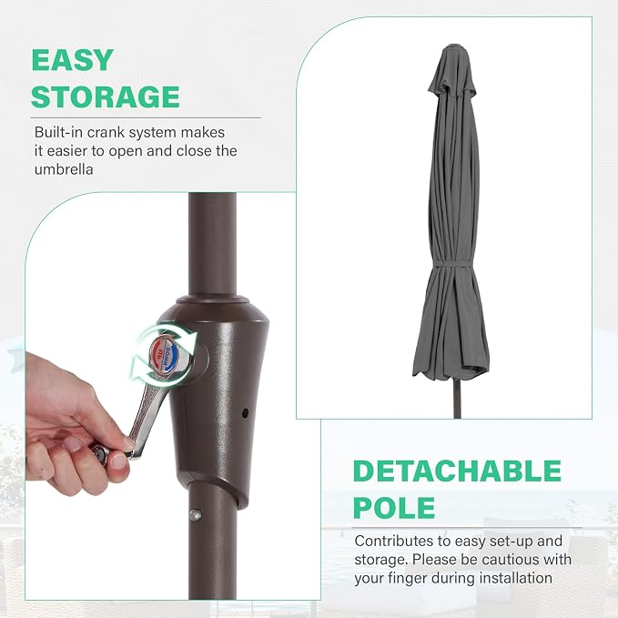 JEAREY 9 FT Patio Umbrella Outdoor, Table Umbrellas Market Umbrella w/Push Button Tilt/Crank, 8 Sturdy Ribs(Gray)