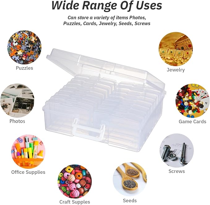 PCA Photo Storage Box 4" x 6" With Handle - 16 Inner Keeper, Large Organizer, Clear Plastic Craft Case for Stickers, Stamps, Jigsaw, Vegetable Seeds