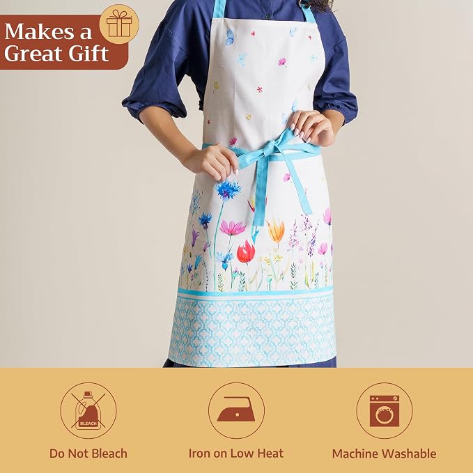 Maison d' Hermine Aprons for women with Pocket 100% Cotton (27.50"x31.50") | Adjustable Neck Strap & long ties Apron Men Chef Wedding Cooking Gardening Server Maid
