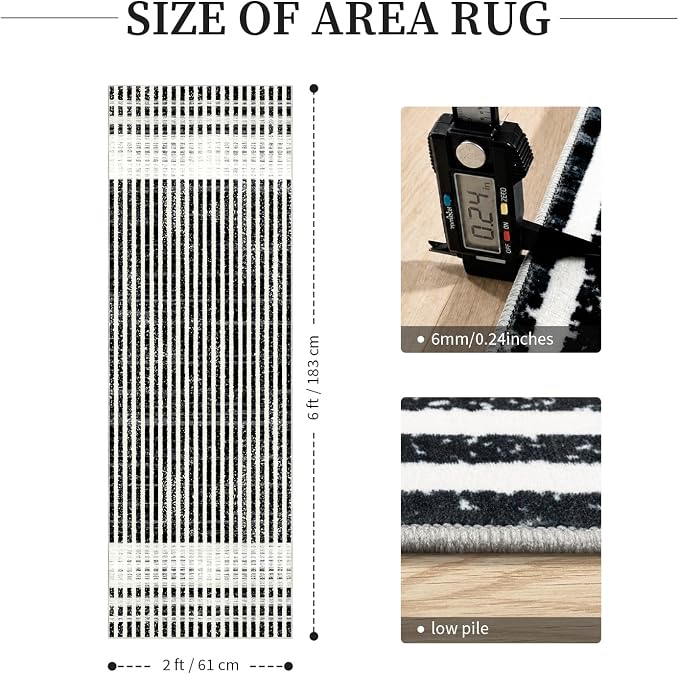 Washable 2x6 Modern Striped Area Rug, Abstract Runner for Hallway,Kitchen | Black Beige, Soft Low Pile, Skin Friendly, Non-Slip for High Traffic, Laundry Vintage Braided Paid Style Home Decor