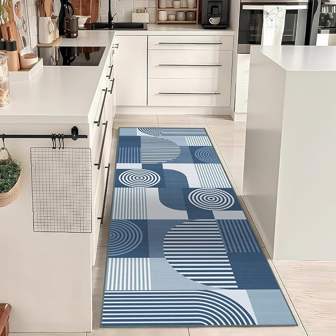 Blue Geometric 2x6 Runner Rug for Hallway Kitchen Bedroom Machine Washable Mid Century Modern Rug Non Slip Low Pile Minimalist Line Runner Rugs Long Floor Mat Carpet for Bathroom Laundry,Blue