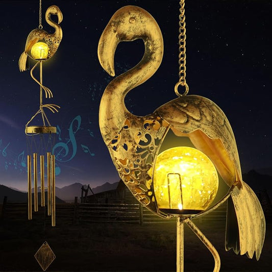 Solar Wind Chimes for Outside Gifts for Women Mom Grandma Sister Crackle Glass Ball Flamingo Wind Chimes Solar Lights Outdoor Decor for Garden Backyard Patio Yard Porch, Mothers Gift Birthday Gifts