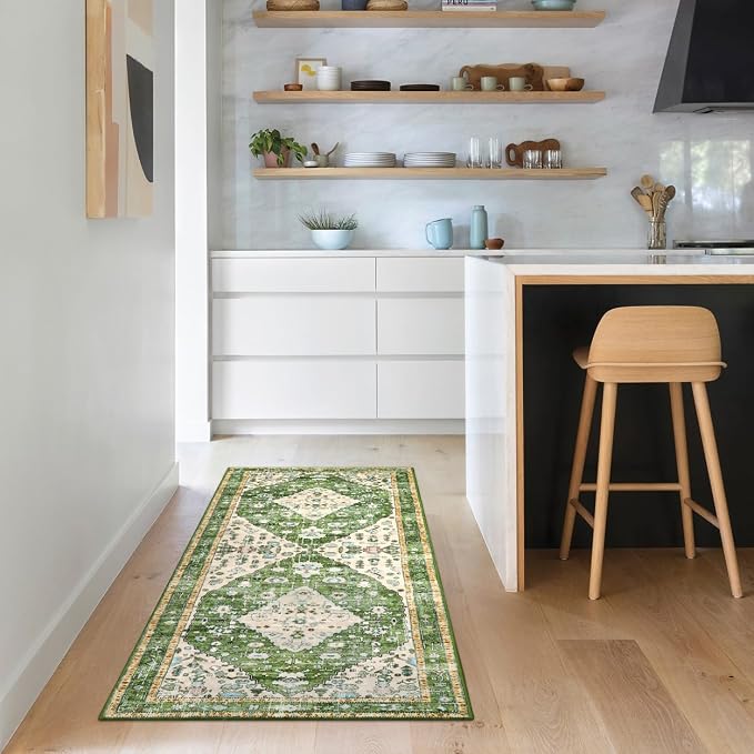 Lahome Felice Boho Runner Rugs 2x5 Green Kitchen Runner Rugs Non Skid Washable, Tribal Vintage Soft Machine Washable Non-Shedding Indoor Runners for Bedroom Hallway Bathroom Decor